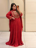 Red Chinon Embroidered Anarkali Suit (Free Size till XL)