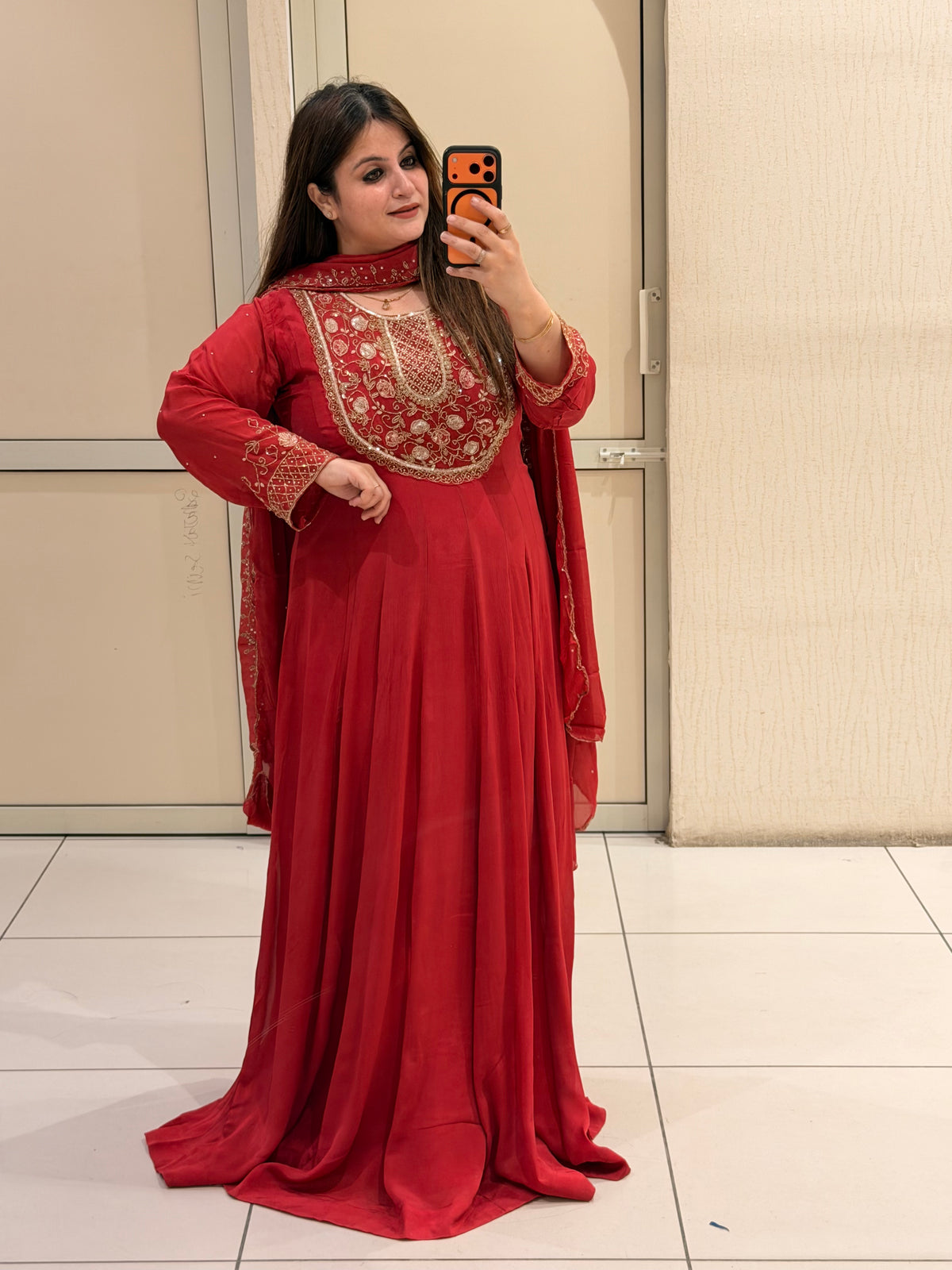 Red Chinon Embroidered Anarkali Suit (Free Size till XL)