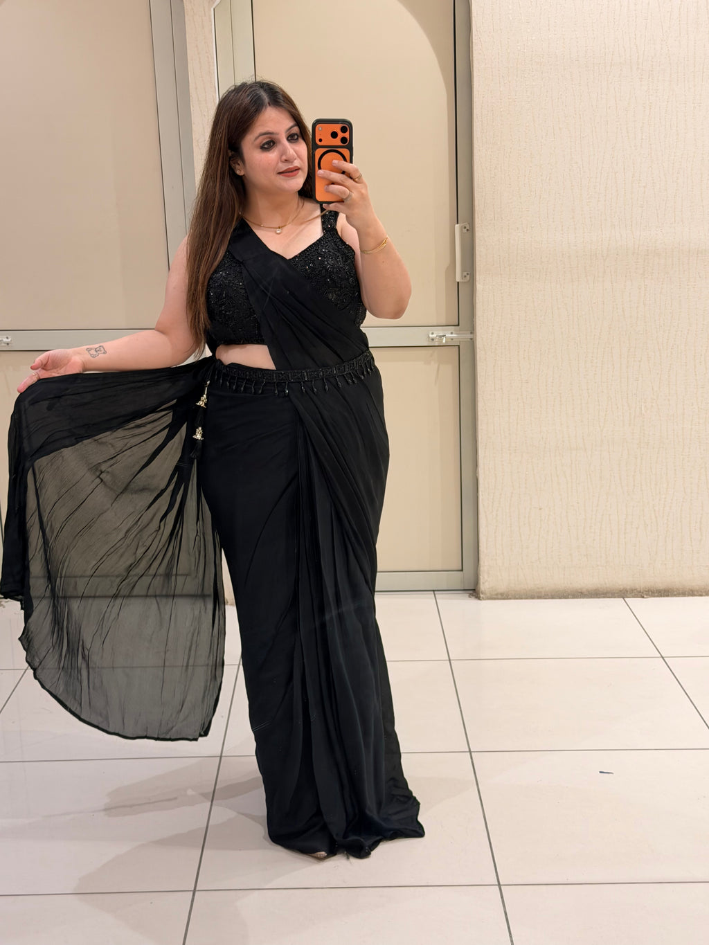 Black Chinon Saree with Handwork Blouse (M–XL)