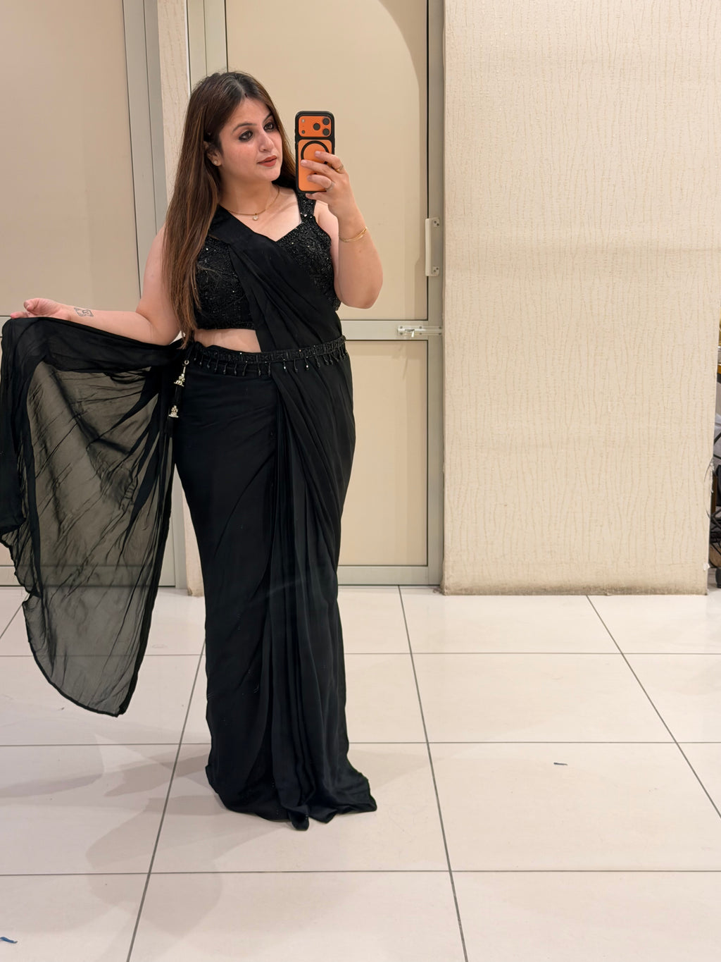 Black Chinon Saree with Handwork Blouse (M–XL)