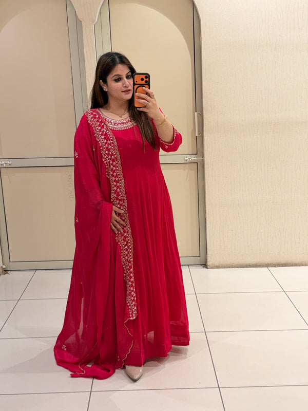 Red Chinon Handwork 3-Piece Dress (M–XXL)