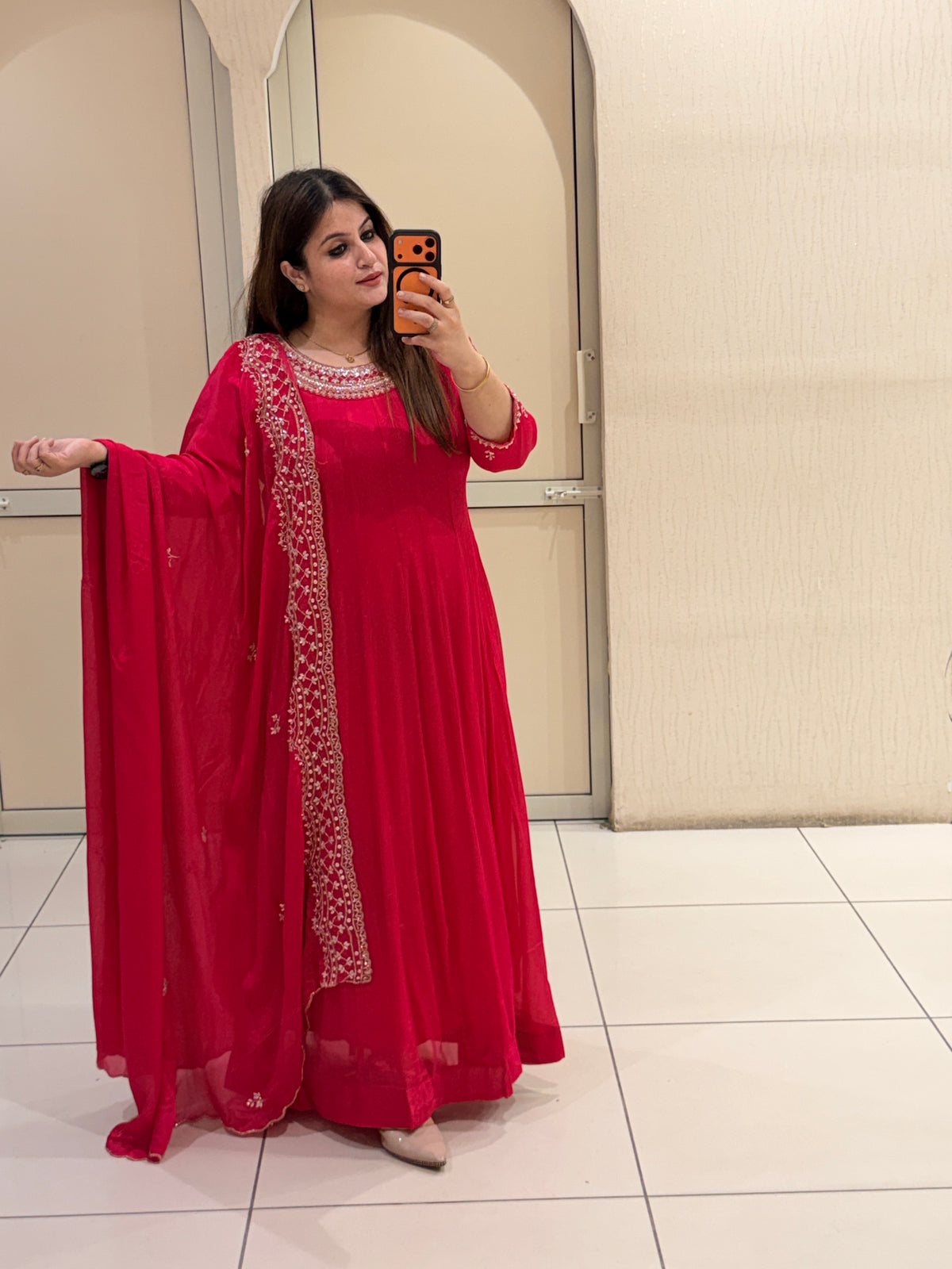 Red Chinon Handwork 3-Piece Dress (M–XXL)