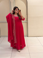 Red Chinon Handwork 3-Piece Dress (M–XXL)