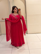 Red Chinon Handwork 3-Piece Dress (M–XXL)