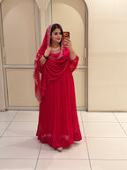 Red Chinon Handwork 3-Piece Dress (M–XXL)