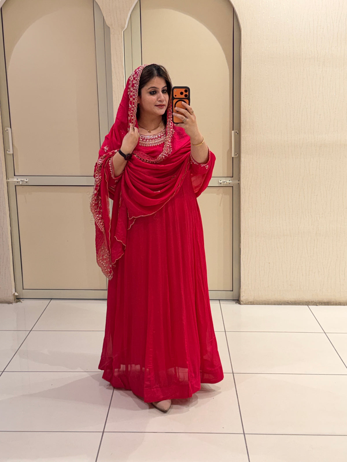 Red Chinon Handwork 3-Piece Dress (M–XXL)