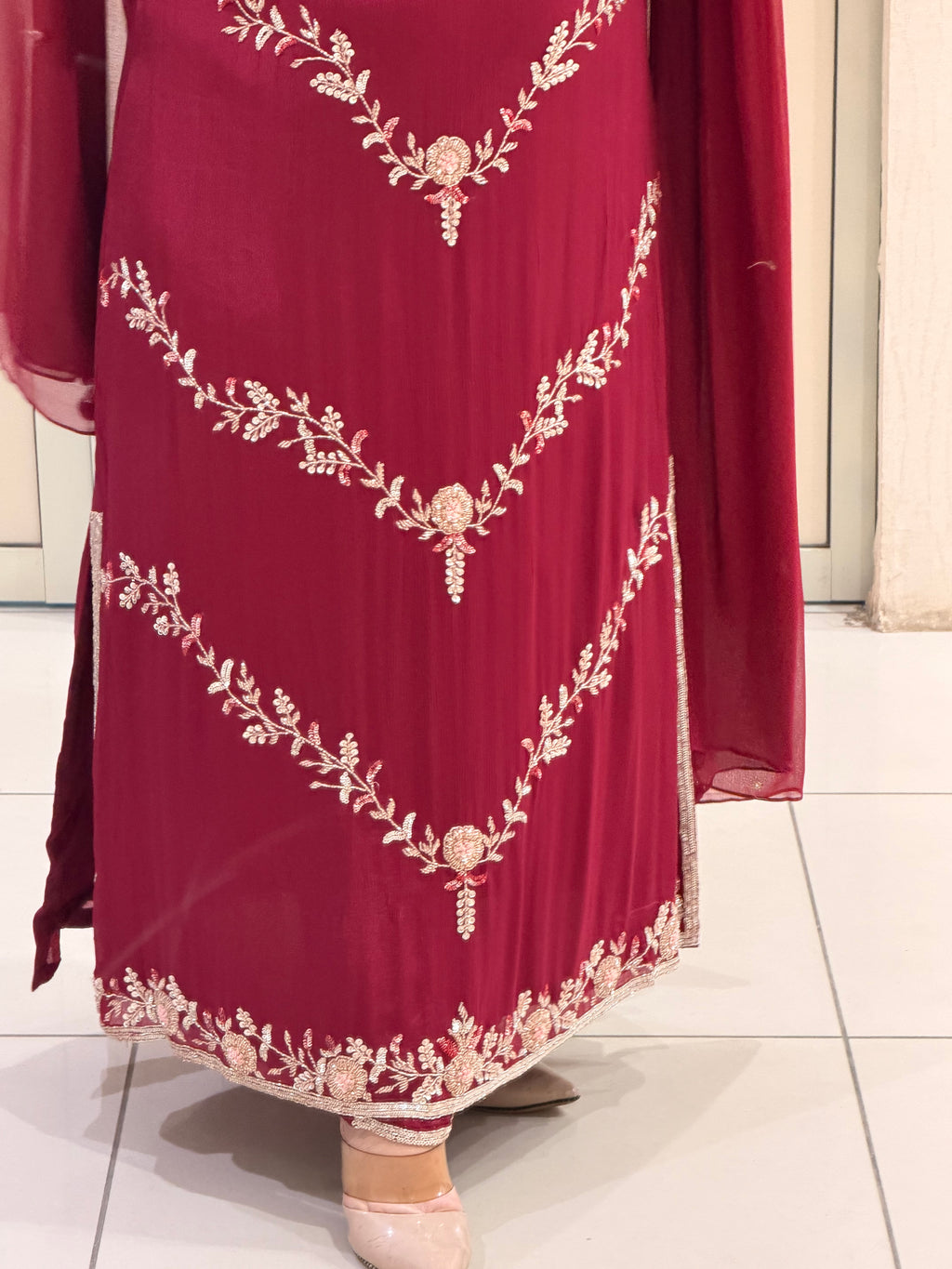 Maroon Chinon Embroidered Dress (M–XXL)