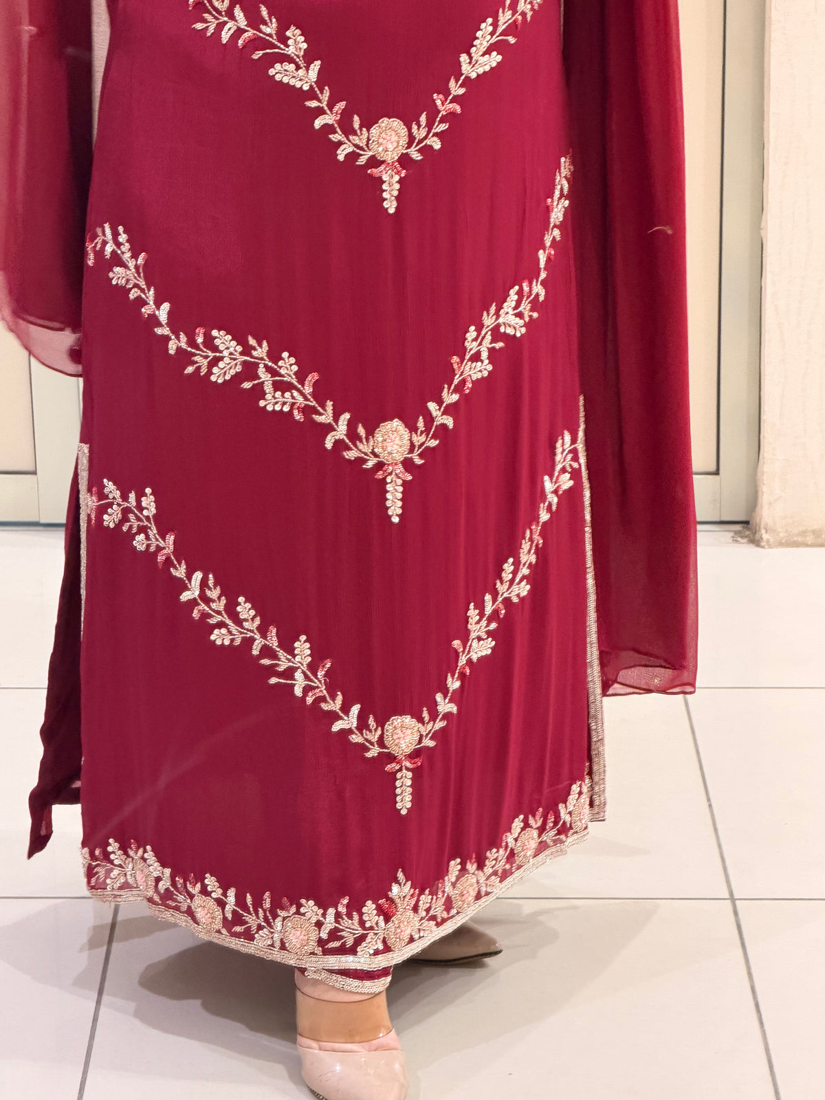 Maroon Chinon Embroidered Dress (M–XXL)