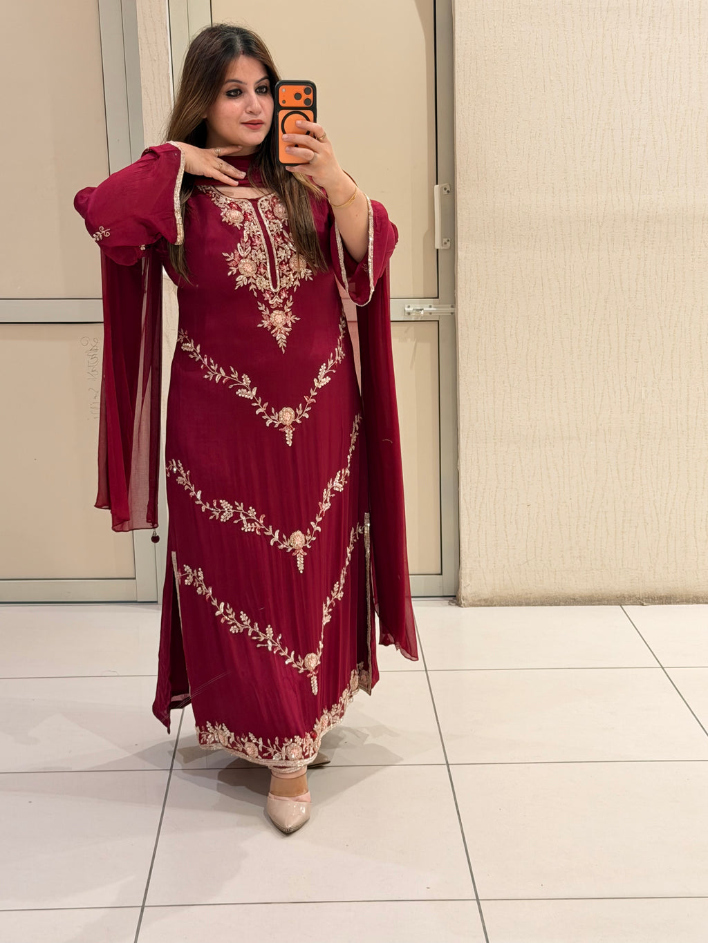 Maroon Chinon Embroidered Dress (M–XXL)