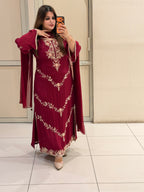 Maroon Chinon Embroidered Dress (M–XXL)