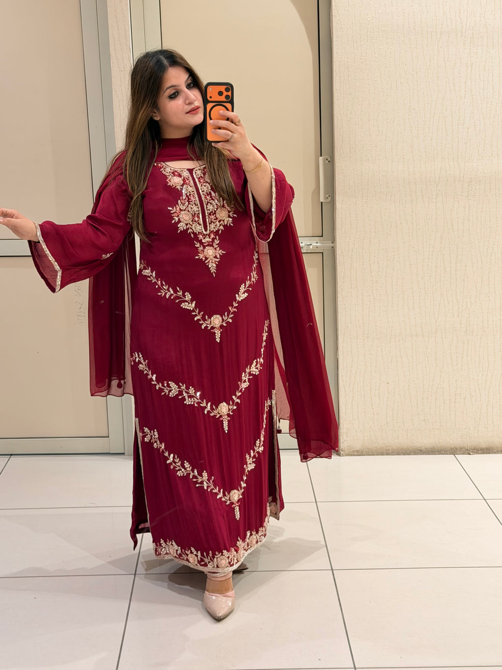 Maroon Chinon Embroidered Dress (M–XXL)