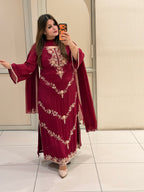 Maroon Chinon Embroidered Dress (M–XXL)