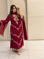 Maroon Chinon Embroidered Dress (M–XXL)