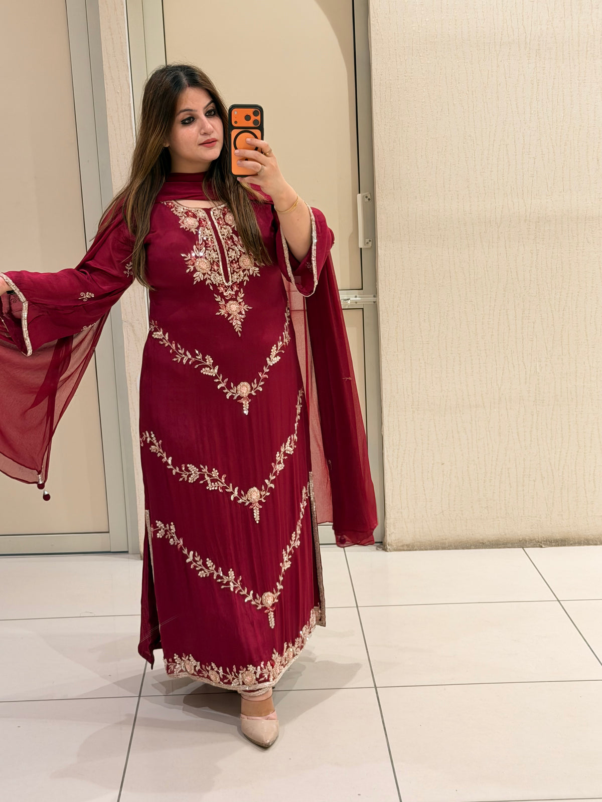 Maroon Chinon Embroidered Dress (M–XXL)