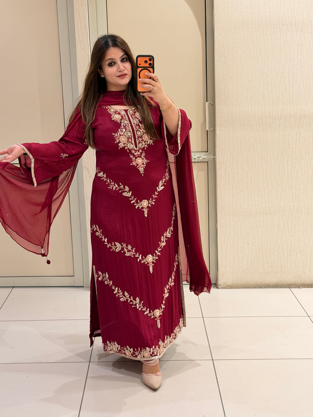 Maroon Chinon Embroidered Dress (M–XXL)