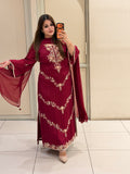Maroon Chinon Embroidered Dress (M–XXL)