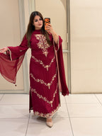 Maroon Chinon Embroidered Dress (M–XXL)