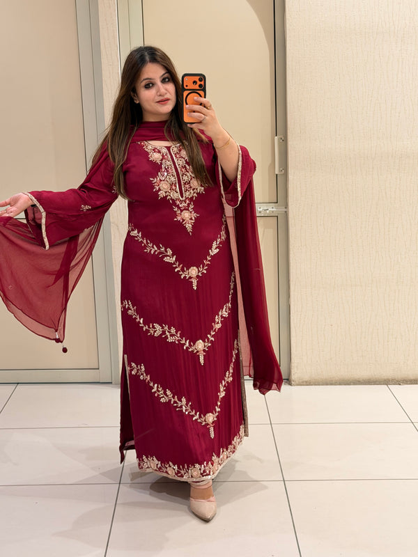 Maroon Chinon Embroidered Dress (M–XXL)