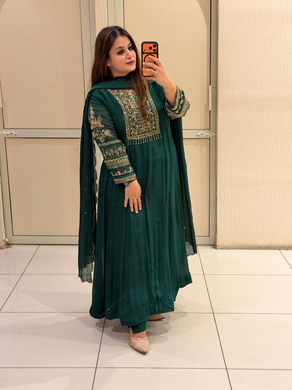 Bottle Green Chinon Embroidered Suit (M–3XL)