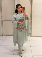 Pastel Green Pure Soft Organza Embroidered Suit (M–XXL)