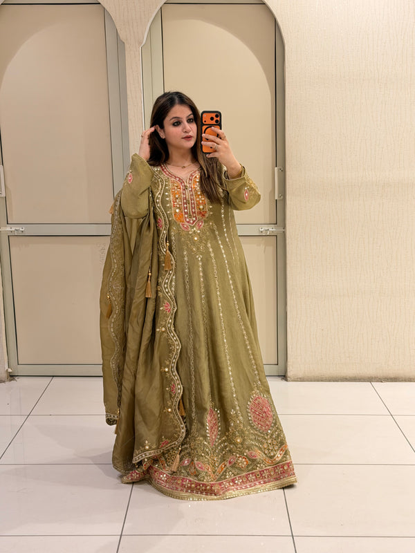 Olive Green Embroidered Anarkali Suit (Free Size till XL)