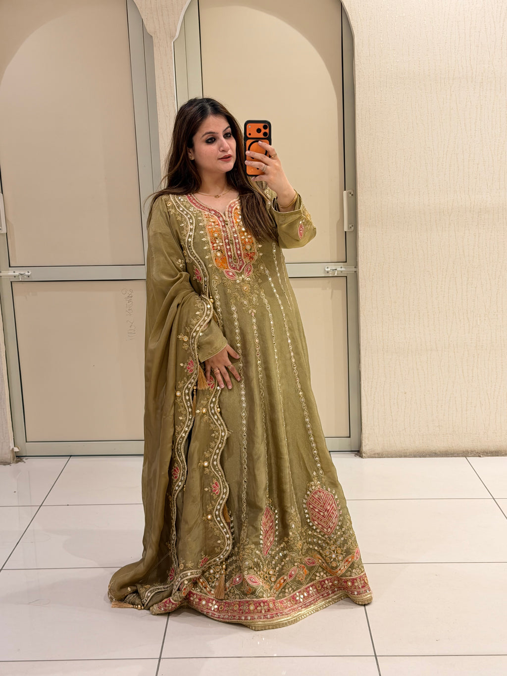 Olive Green Embroidered Anarkali Suit (Free Size till XL)
