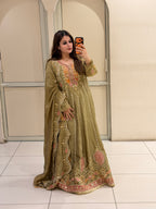Olive Green Embroidered Anarkali Suit (Free Size till XL)