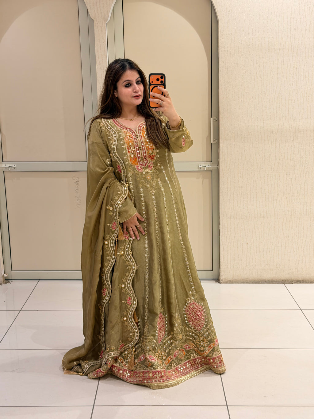 Olive Green Embroidered Anarkali Suit (Free Size till XL)