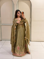 Olive Green Embroidered Anarkali Suit (Free Size till XL)