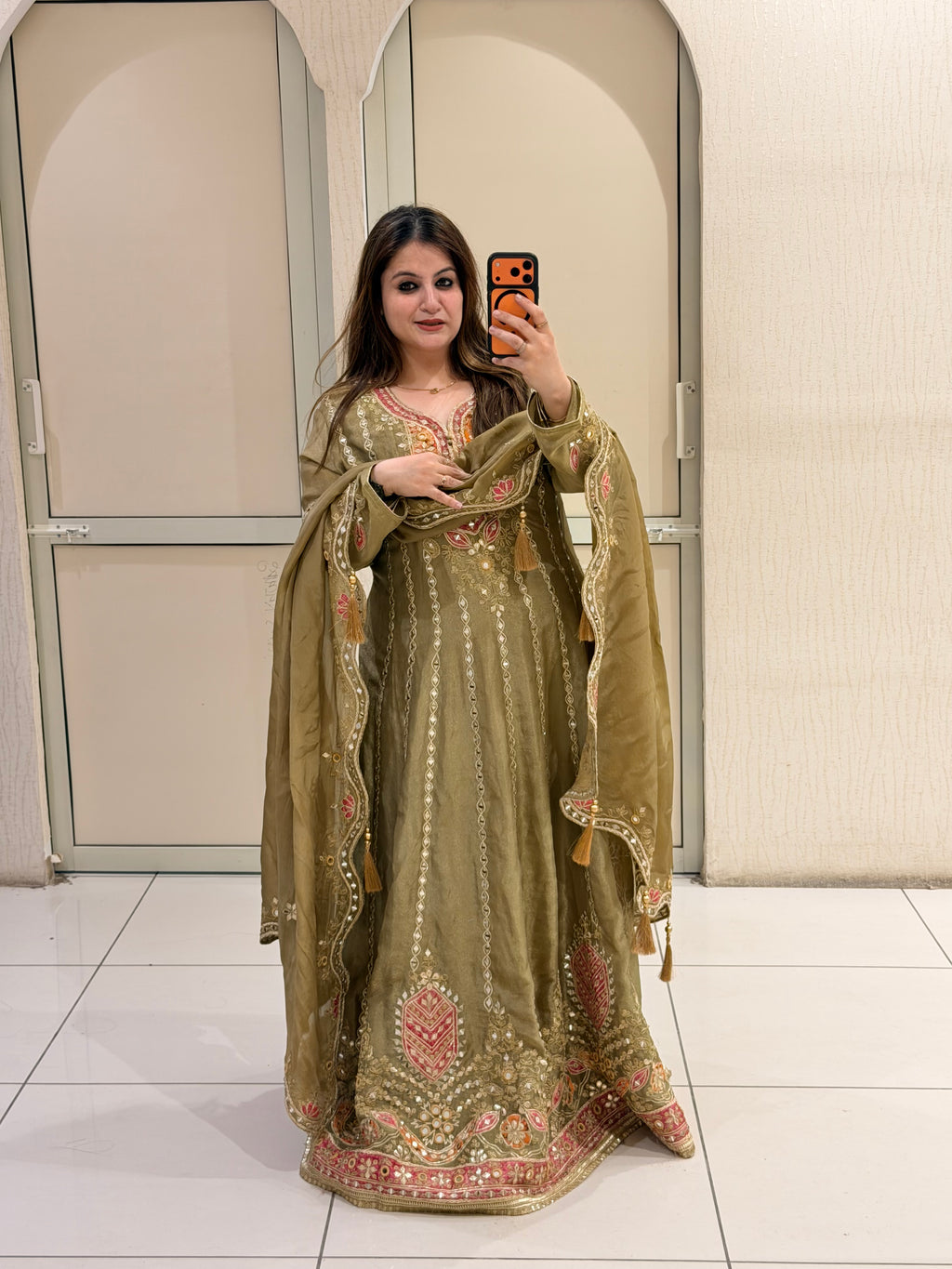 Olive Green Embroidered Anarkali Suit (Free Size till XL)