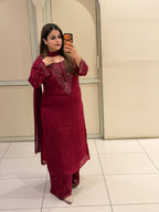 Maroon Chinon Embroidered Suit (M–XXL)