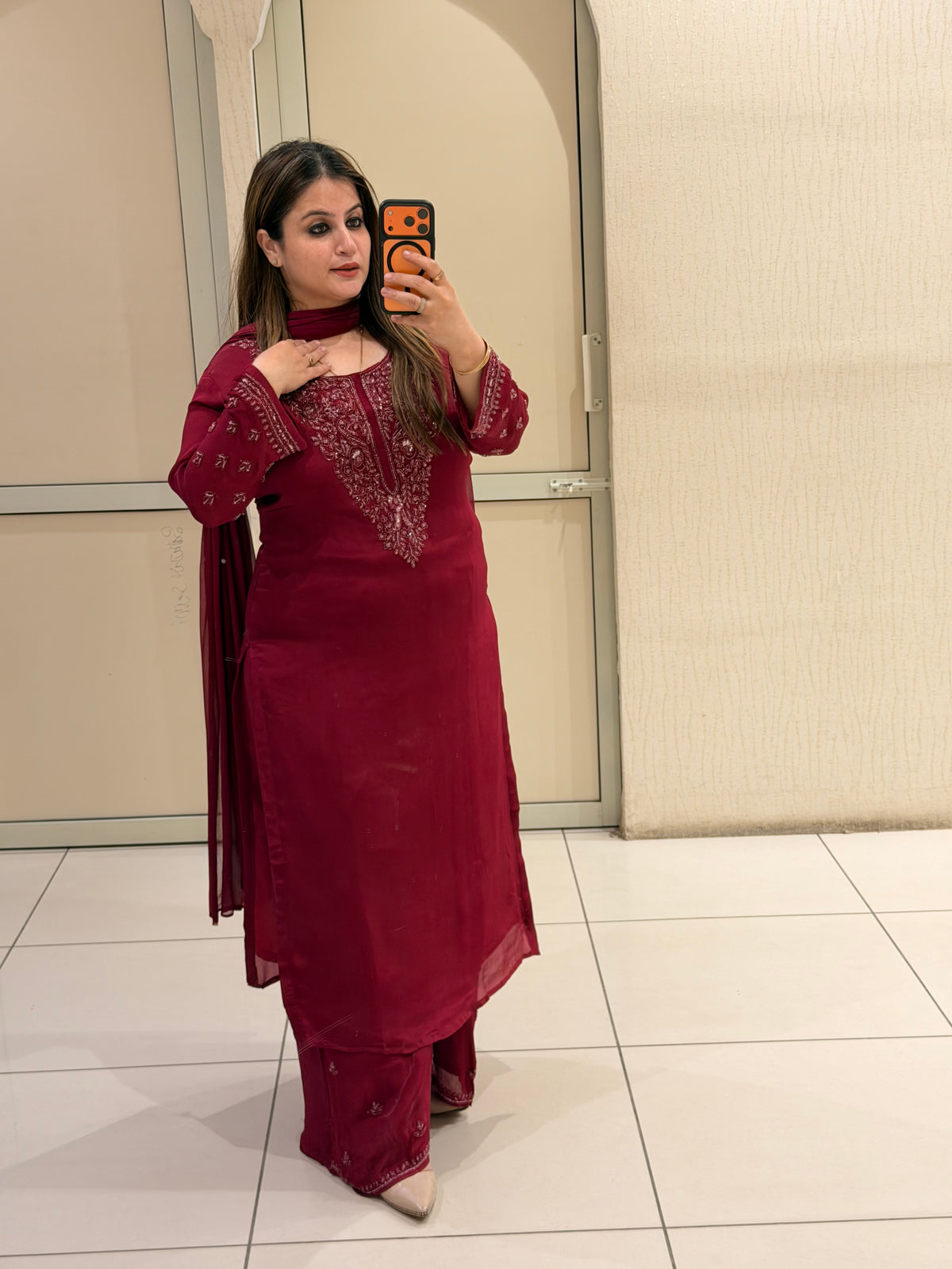 Maroon Chinon Embroidered Suit (M–XXL)