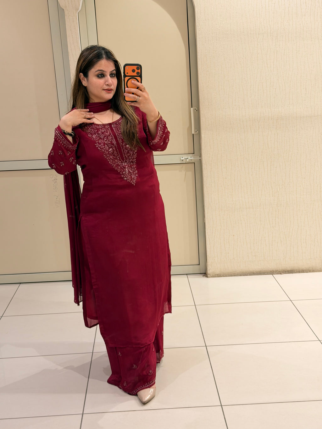 Maroon Chinon Embroidered Suit (M–XXL)