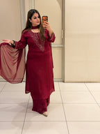 Maroon Chinon Embroidered Suit (M–XXL)