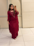Maroon Chinon Embroidered Suit (M–XXL)