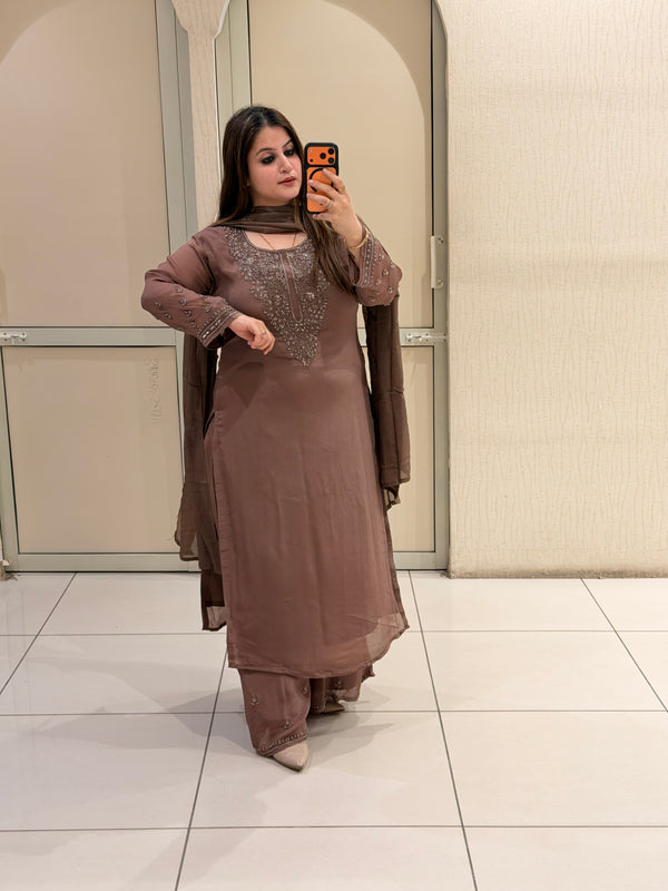 Brown Chinon Embroidered Suit (M–XXL)