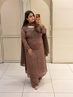 Brown Chinon Embroidered Suit (M–XXL)