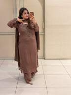Brown Chinon Embroidered Suit (M–XXL)