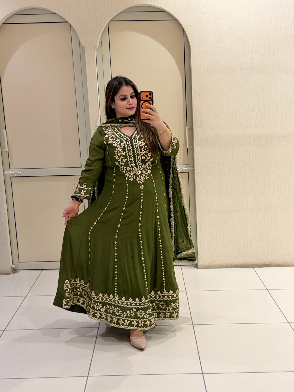 Olive Green Pure Chinon Embroidered Suit (M–XXL)