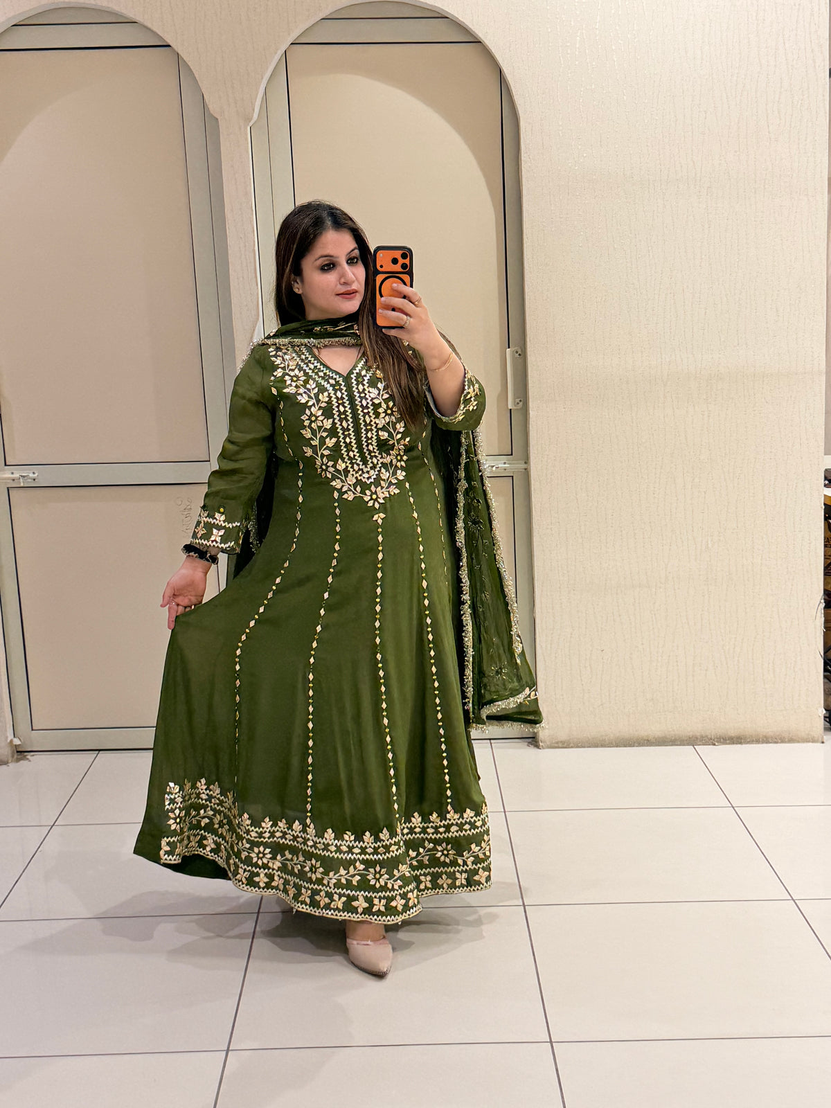 Olive Green Pure Chinon Embroidered Suit (M–XXL)