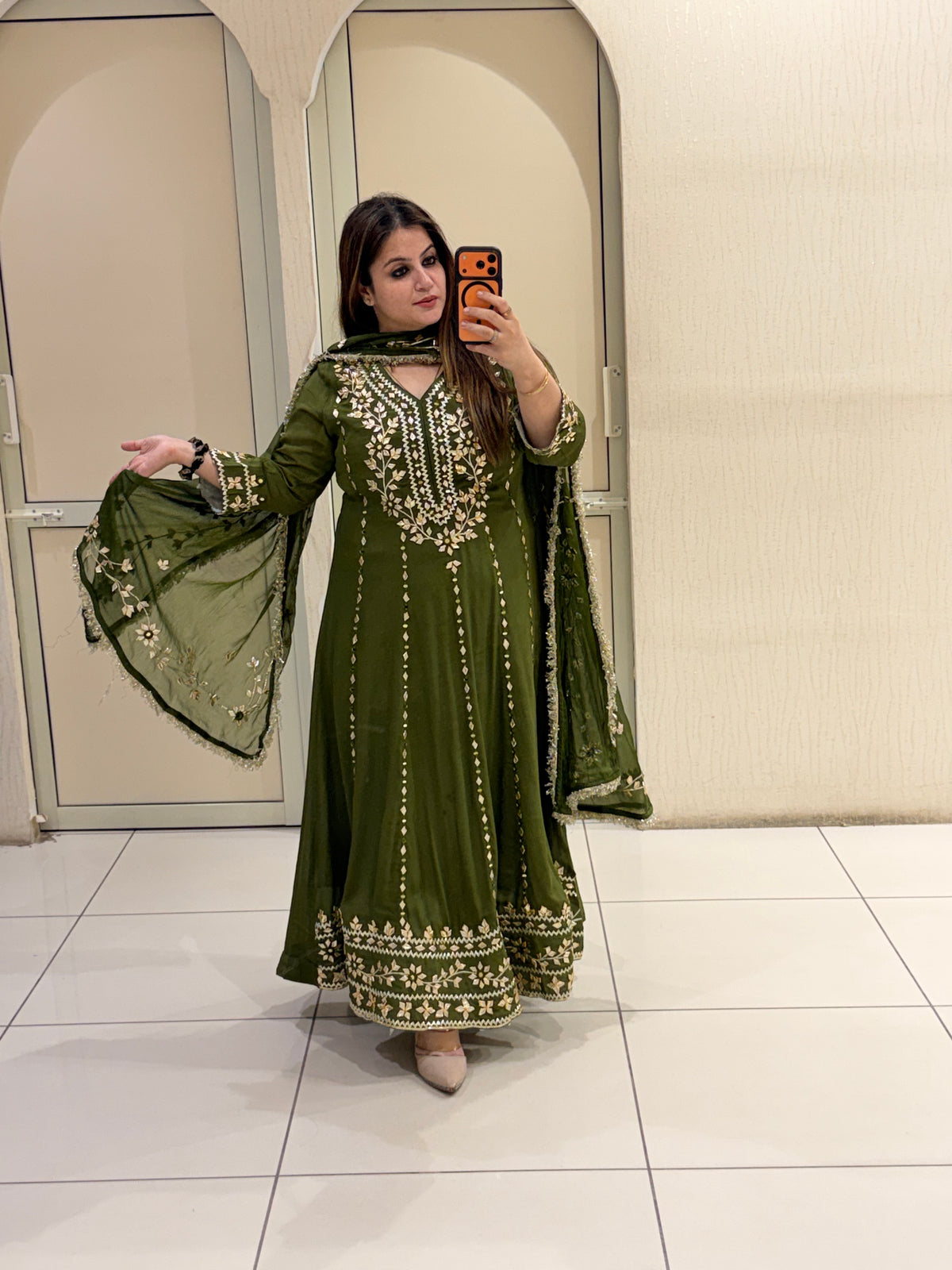 Olive Green Pure Chinon Embroidered Suit (M–XXL)