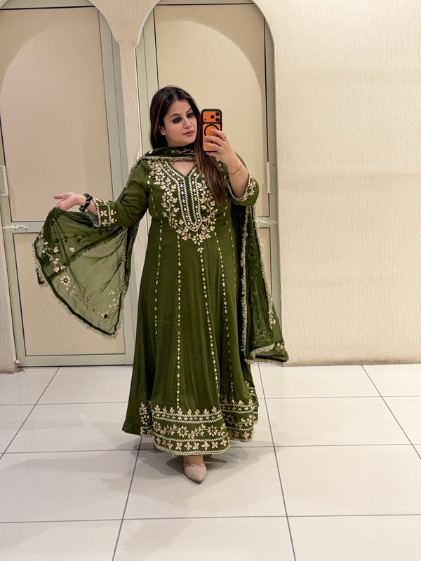Olive Green Pure Chinon Embroidered Suit (M–XXL)