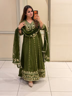 Olive Green Pure Chinon Embroidered Suit (M–XXL)