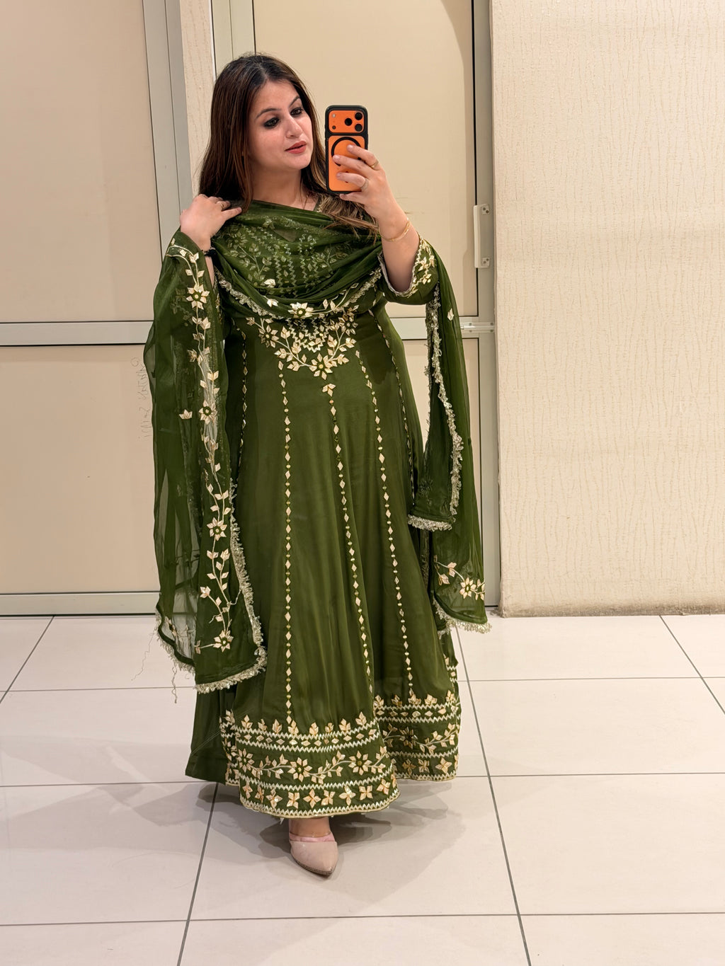 Olive Green Pure Chinon Embroidered Suit (M–XXL)