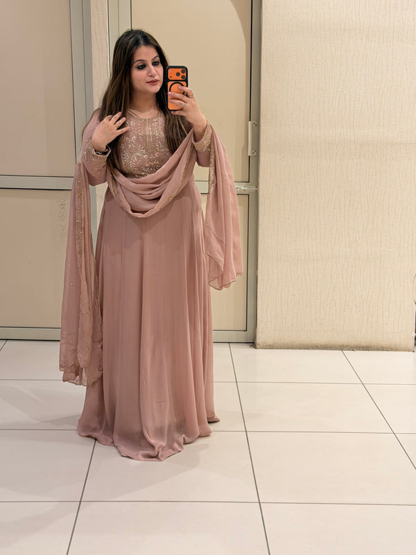 Blush Pink Pure Georgette Embroidered Suit  (Free Size till XL)