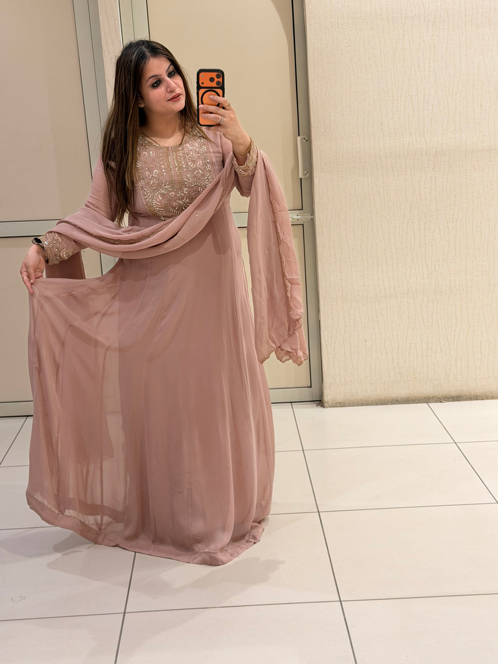 Blush Pink Pure Georgette Embroidered Suit  (Free Size till XL)