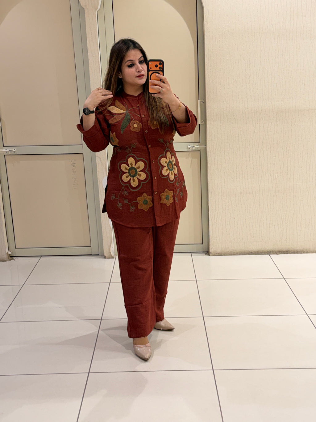 Rust Imported Fabric Embroidered Coord Set (M–XXL)