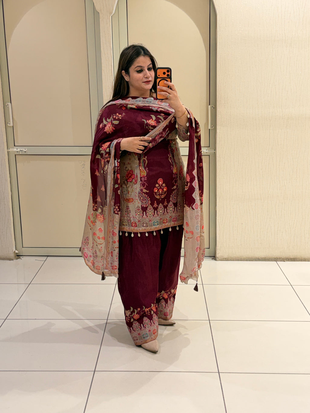 Maroon Crepe Embroidered Suit (M–XXL)
