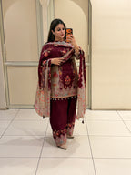 Maroon Crepe Embroidered Suit (M–XXL)