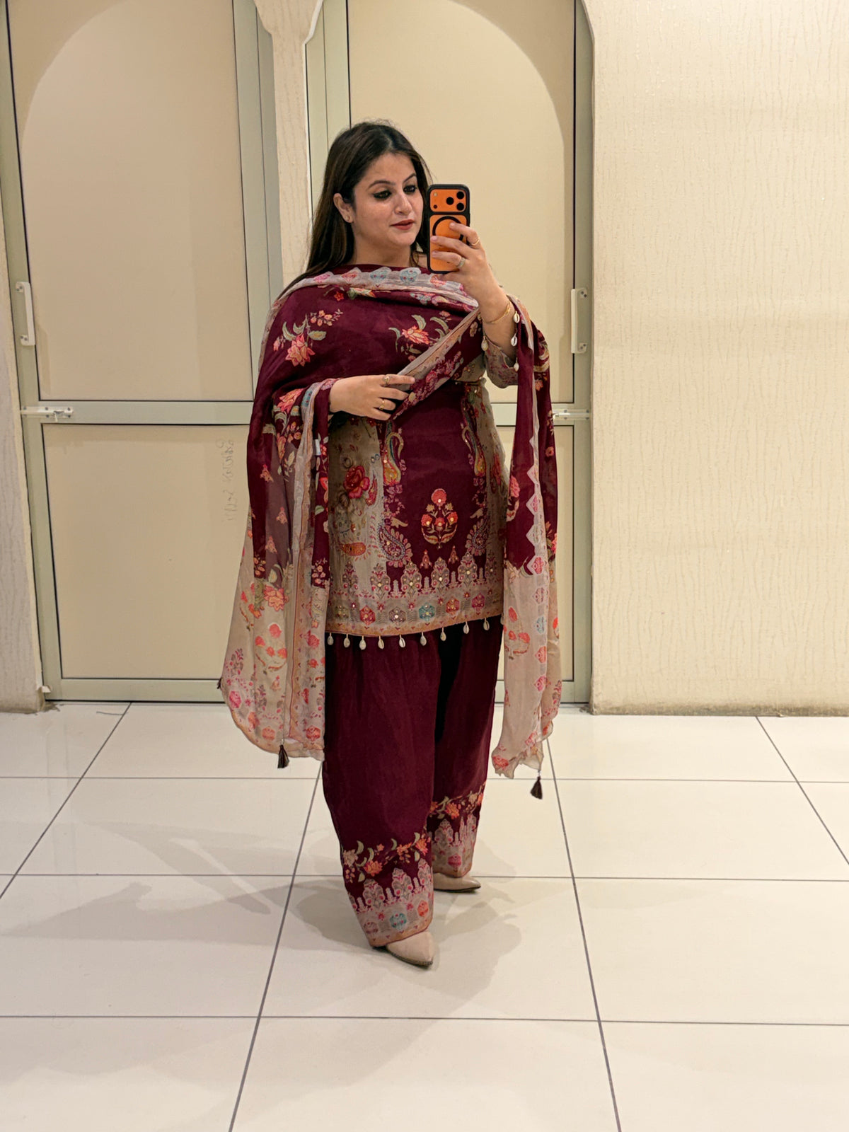 Maroon Crepe Embroidered Suit (M–XXL)